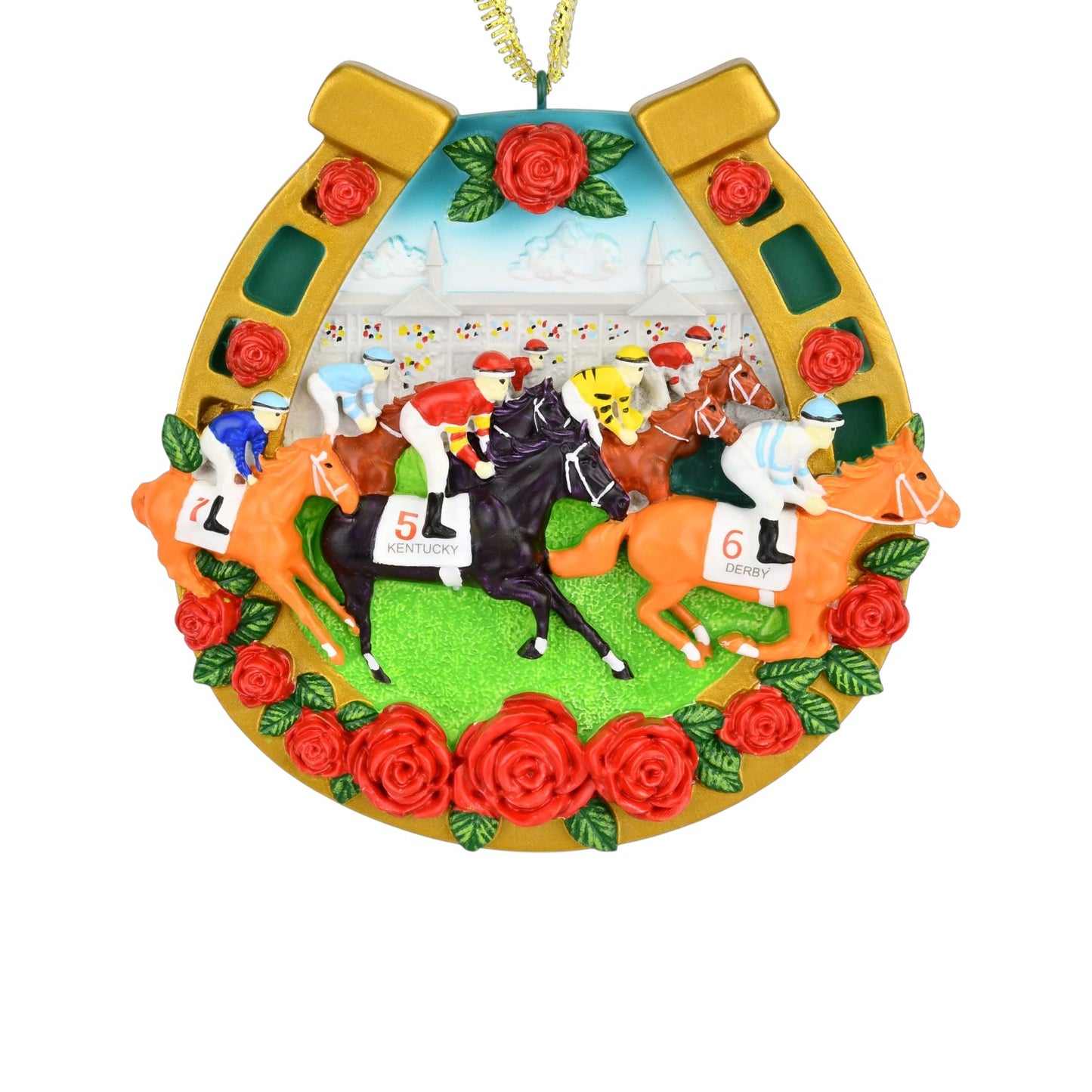 Front view of the official Kentucky Derby horseshoe ornament, showing the full race scene within the golden frame.
