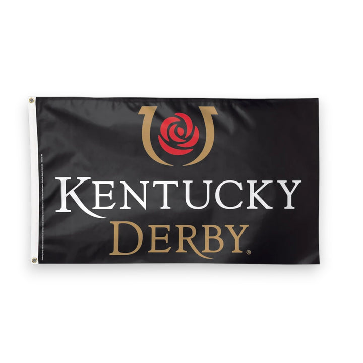 A large 3' x 5' white flag featuring the official Kentucky Derby horse and jockey icon logo, displayed with grommets for hanging.
