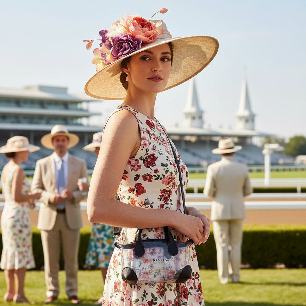 Woman in a floral dress and large hat with flowers at a horse racing event.