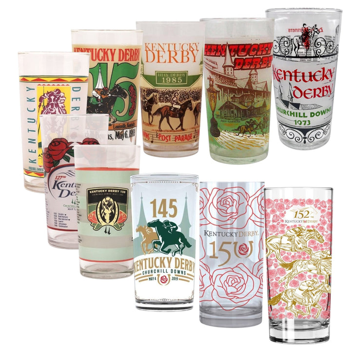 Collection of Kentucky Derby-themed glasses with various designs and years.