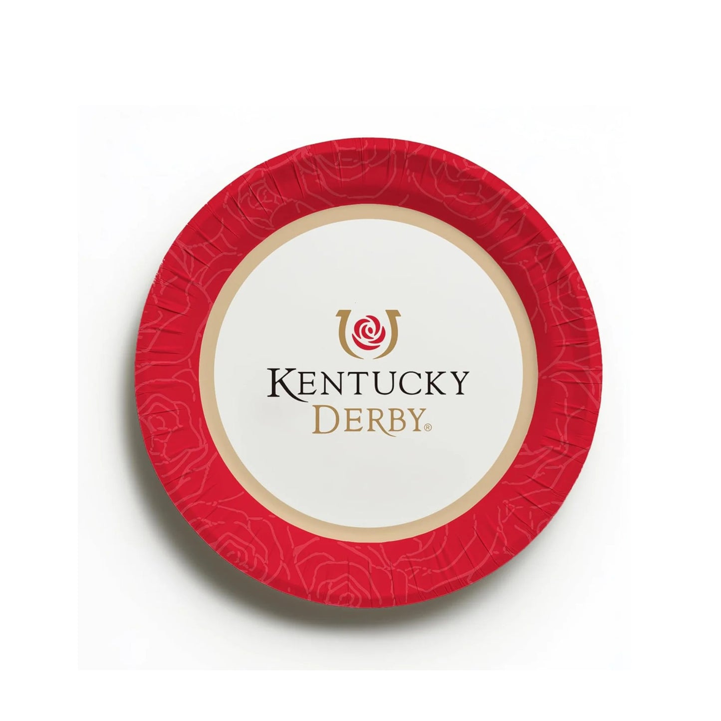 Red paper plate with Kentucky Derby logo on a white background