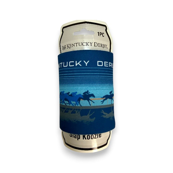 An officially licensed Kentucky Derby slap can koozie with Derby-themed graphics, shown both flat and wrapped around a beverage can.