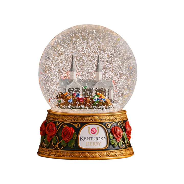 The official Kentucky Derby snow globe, showing the hand-painted Churchill Downs race scene inside the glass globe.