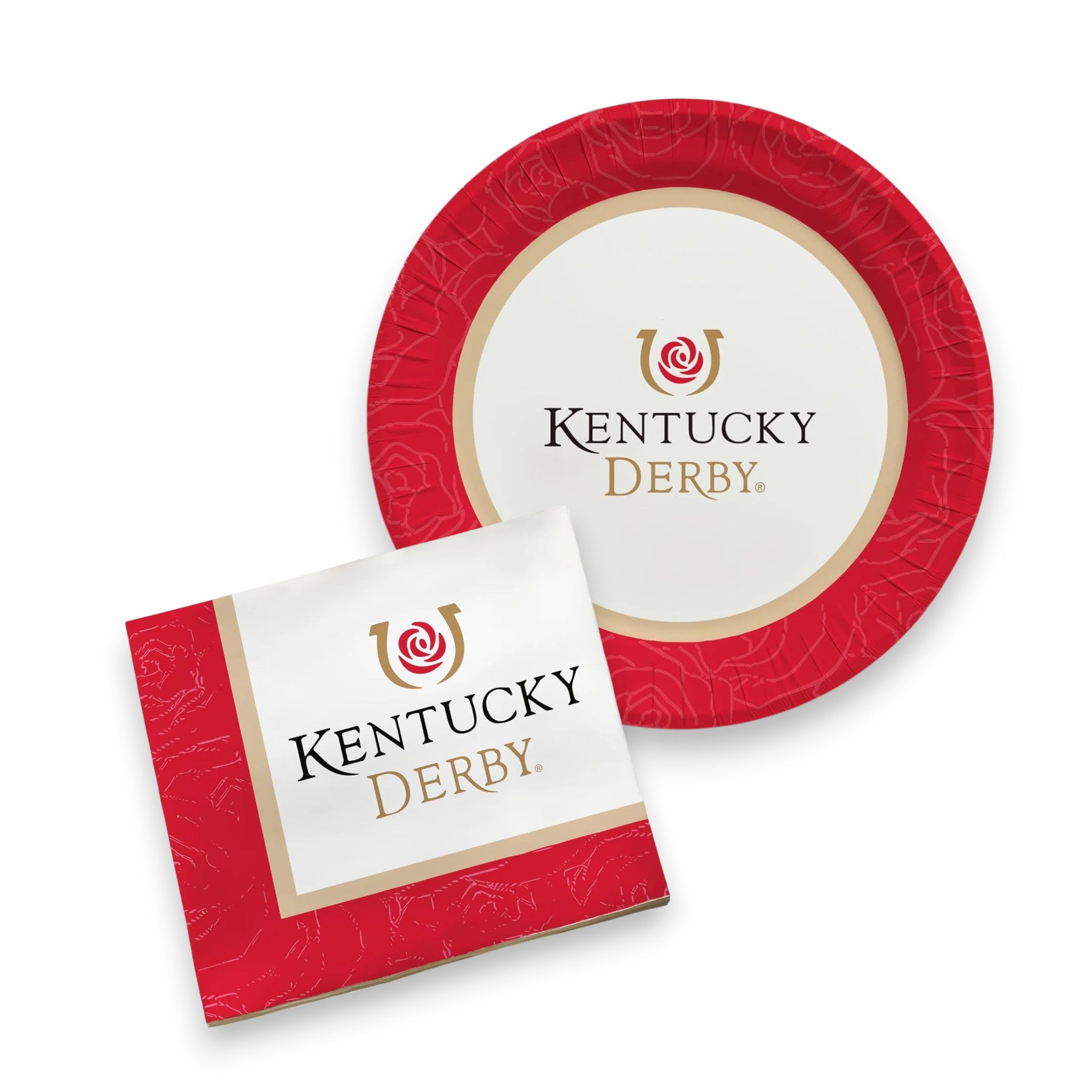 A collection of officially licensed Kentucky Derby party supplies, including paper plates and napkins, all featuring the red rose and horseshoe logo.