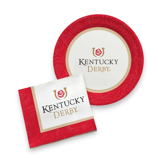 A collection of officially licensed Kentucky Derby party supplies, including paper plates and napkins, all featuring the red rose and horseshoe logo.