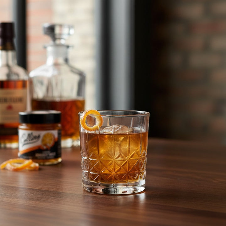 A classic Old Fashioned cocktail garnished with a Collins candied orange twist.