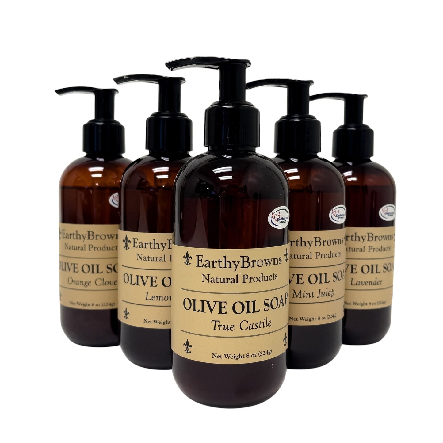 Set of Earthy Browns Natural Products olive oil soap bottles with pump dispensers on a white background.