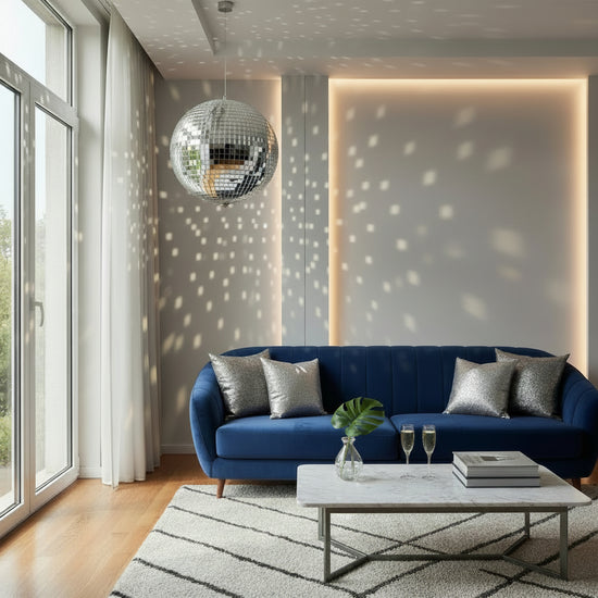 Modern living room with a blue sofa, marble coffee table, and disco ball.