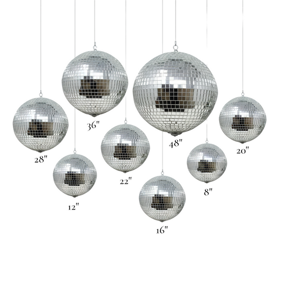 A collection of different sized disco balls from Omega Mirror, showing the range from 8 inches to 48 inches.