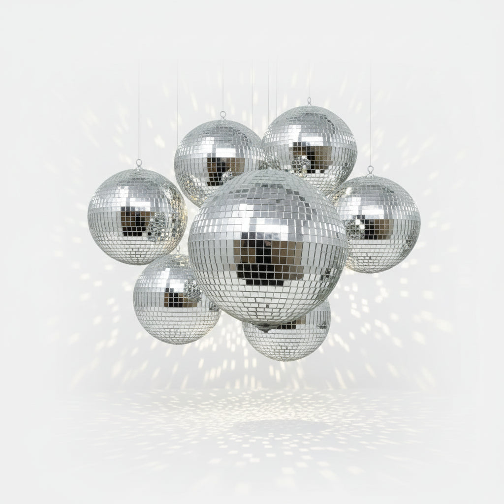 A handcrafted disco ball by Omega Mirror hanging from the ceiling, casting sparkling light around a room.