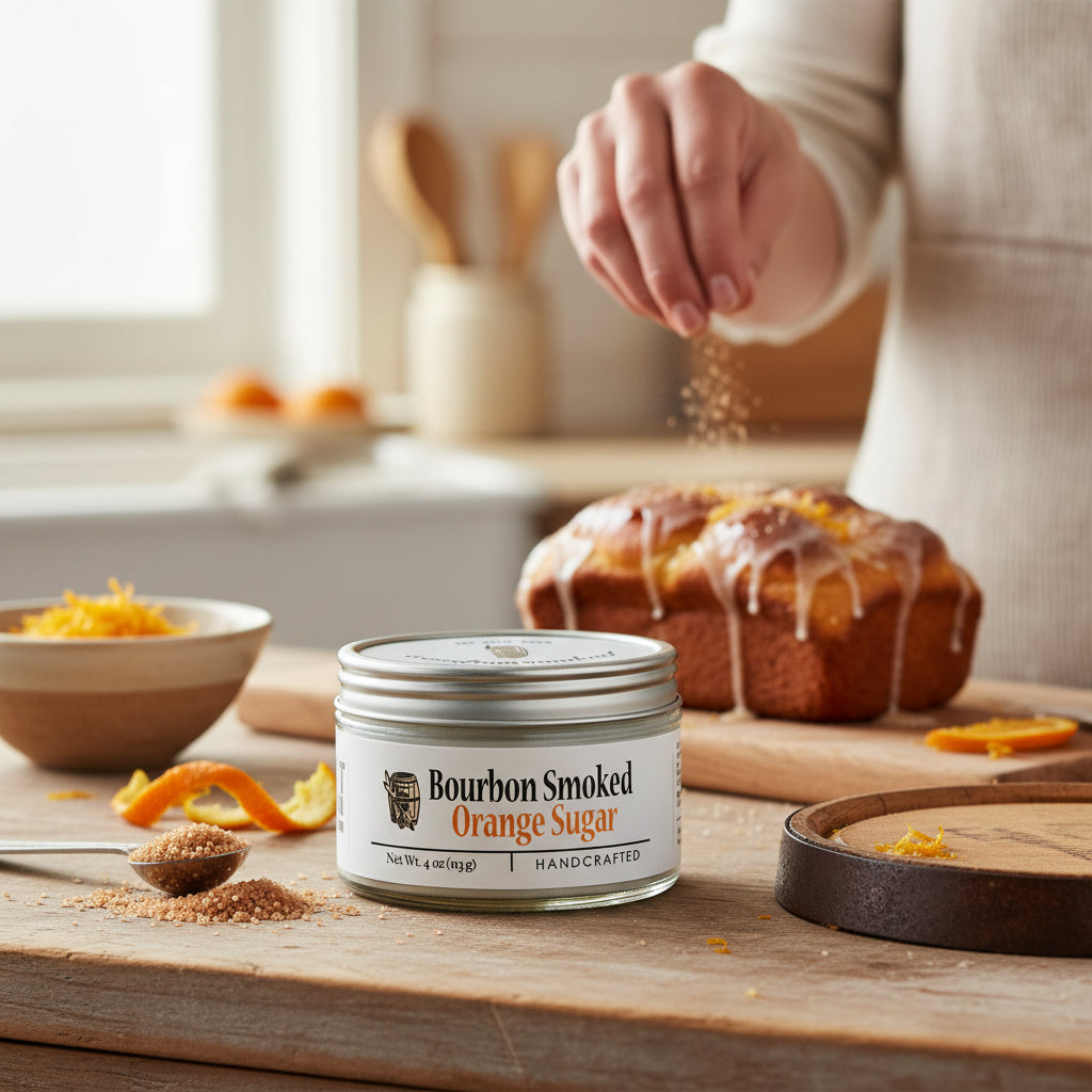 Bourbon Smoked Orange Sugar container on a wooden table with a cake in the background