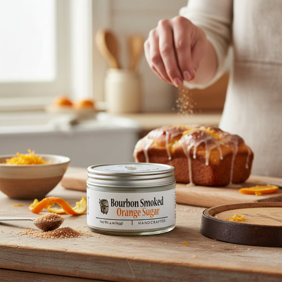 Bourbon Smoked Orange Sugar container on a wooden table with a cake in the background