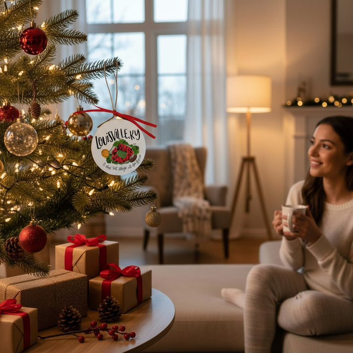 A white circular Louisville, KY ornament with a red ribbon hanging on a festive Christmas tree.