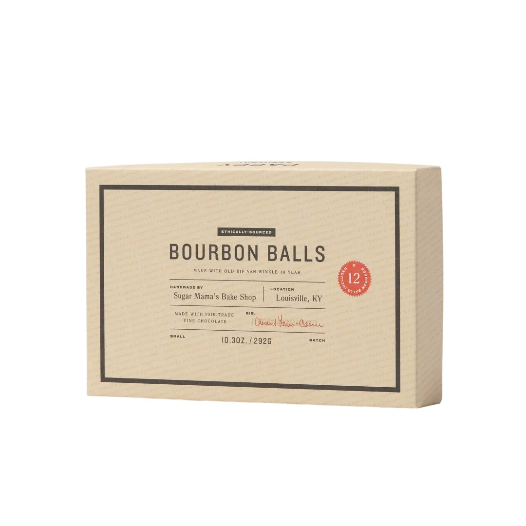 Box of Bourbon Balls with branding and product details on a white background