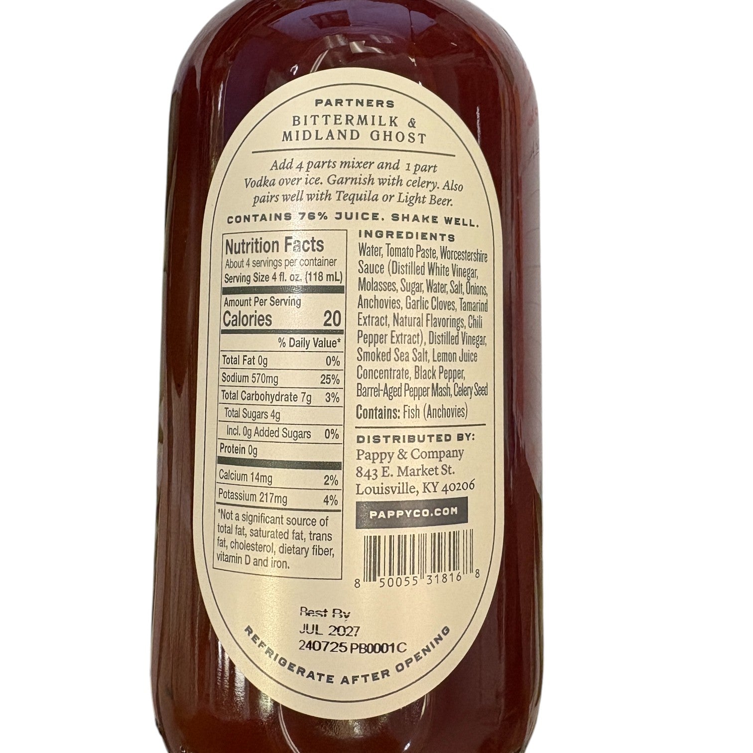 Pappy Van Winkle Bloody Mary Mix Bottle label with nutritional facts and ingredients on a white background