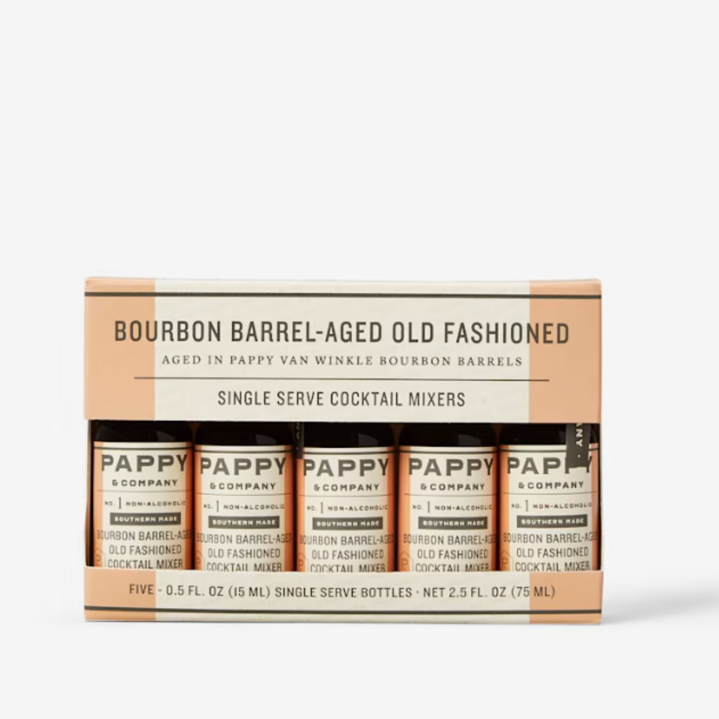 Box of Pappy & Company bourbon barrel-aged old fashioned cocktail mixers on a white background