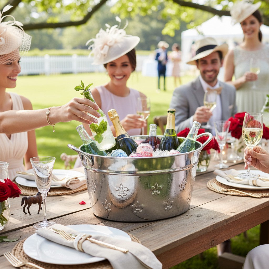 A lifestyle image of the beverage tub filled with ice and an assortment of drinks at an outdoor party.