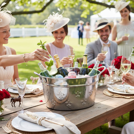 A lifestyle image of the beverage tub filled with ice and an assortment of drinks at an outdoor party.
