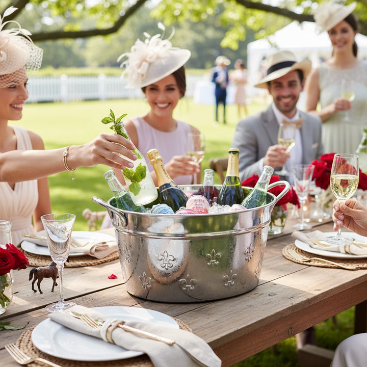 A lifestyle image of the beverage tub filled with ice and an assortment of drinks at an outdoor party.