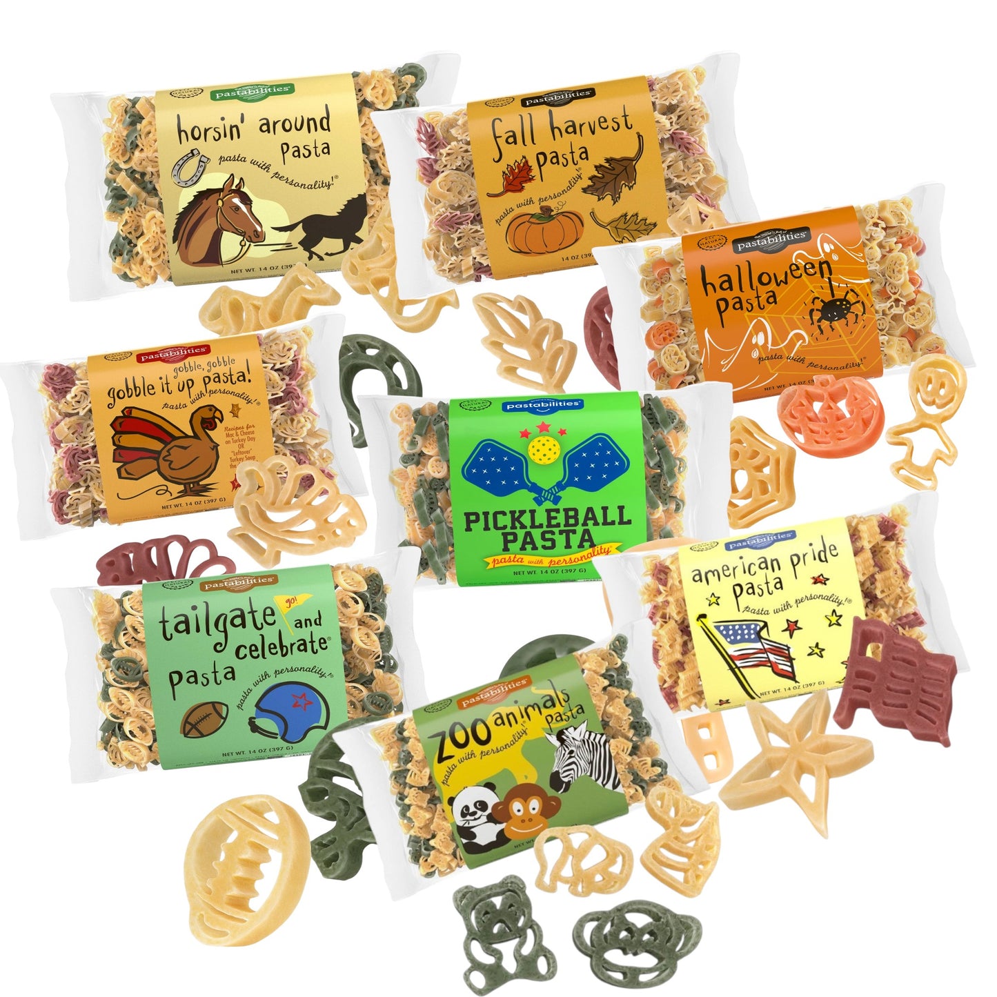 Assorted pasta packages with various designs and text on a white background