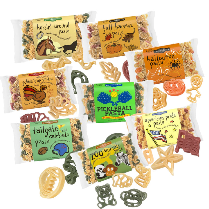 Assorted pasta packages with various designs and text on a white background