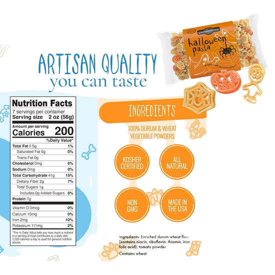 Nutrition facts and ingredients label for Halloween-themed pasta packaging.