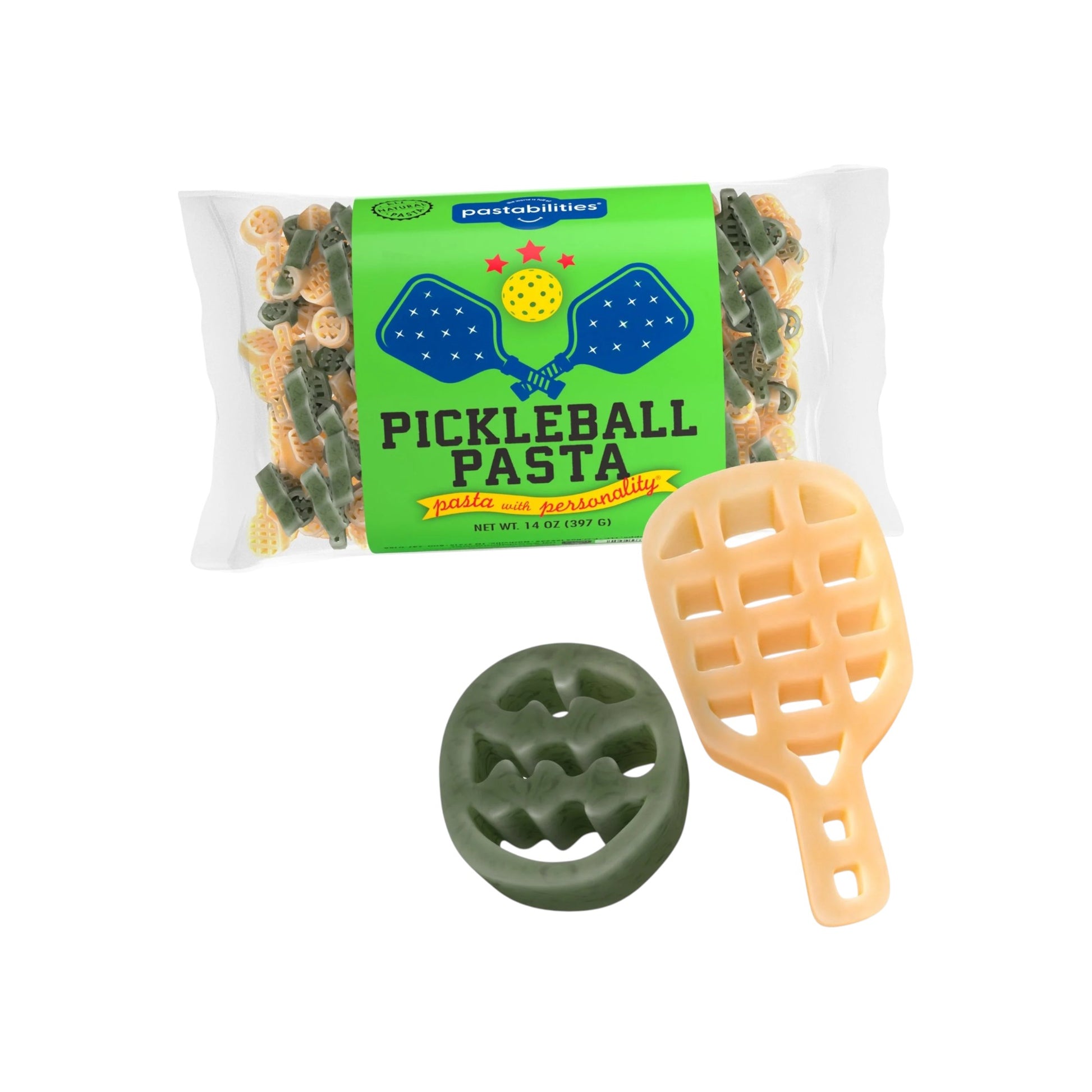 Packaged pickleball pasta with a green and orange tool on a white background