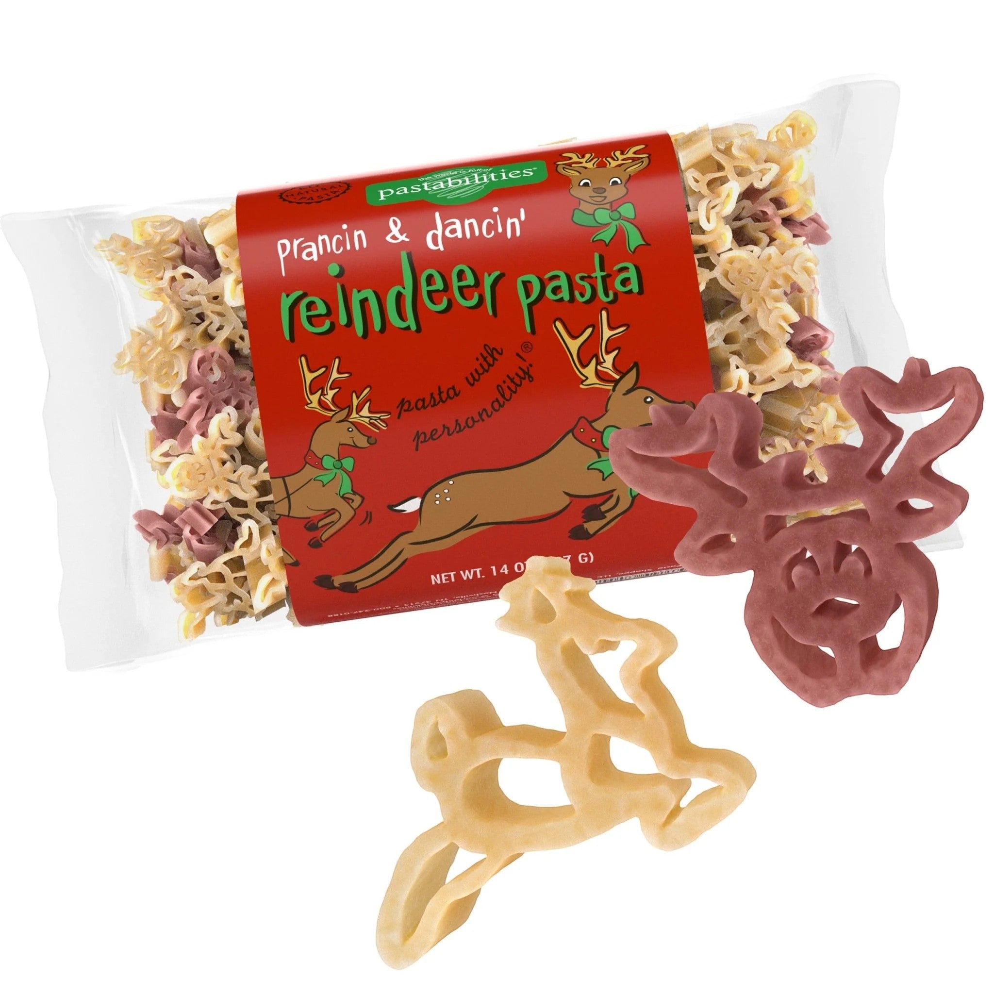 Front view of the Pastabilities Reindeer pasta bag with charming reindeer shapes.