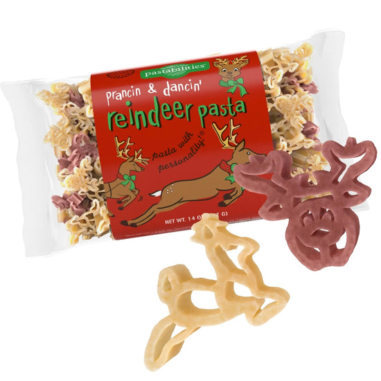 Front view of the Pastabilities Reindeer pasta bag with charming reindeer shapes.