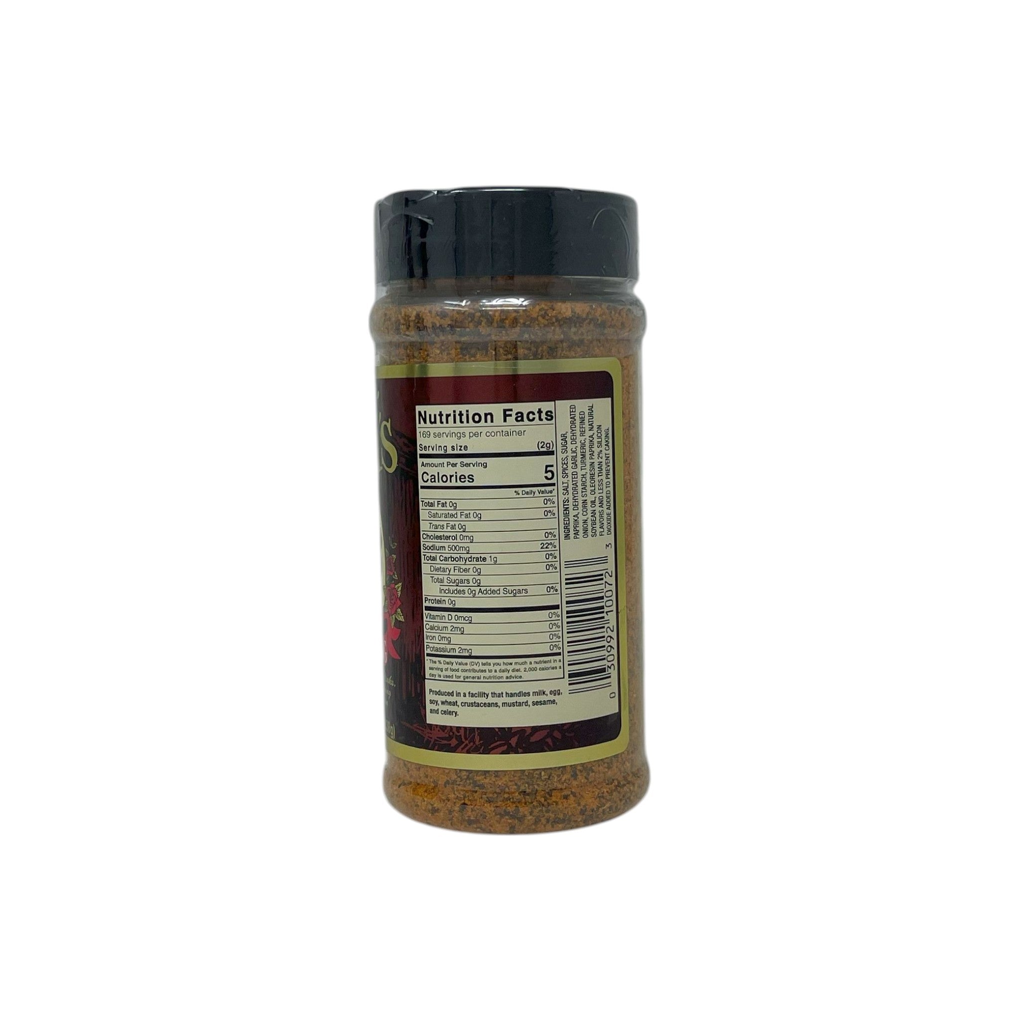 Spice jar with nutrition label on a white background