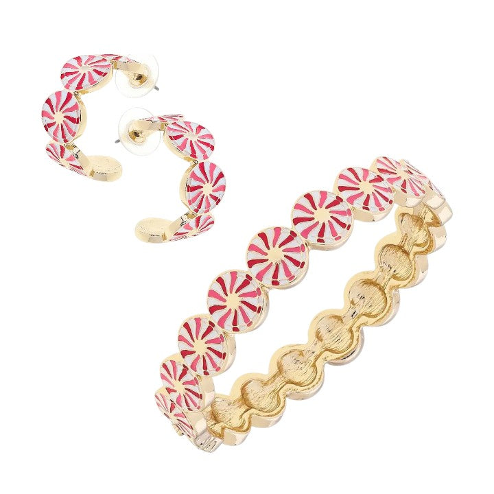 Peppermint Enamel Jewelry – Hoop Earrings or Hinge Bangle (Red & White)