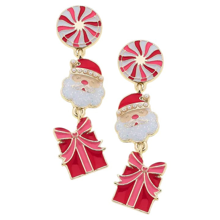 Christmas-themed earrings with Santa Claus faces, candy canes, and red bows on a white background.