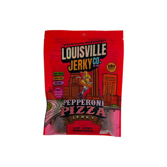 The Pepperoni Pizza flavor jerky package, highlighting the pizza-themed design.