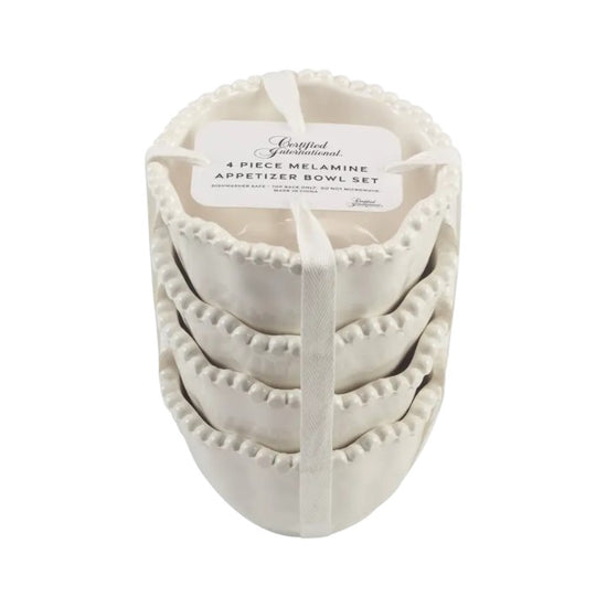 Set of four white melamine appetizer bowls with a label on a white background
