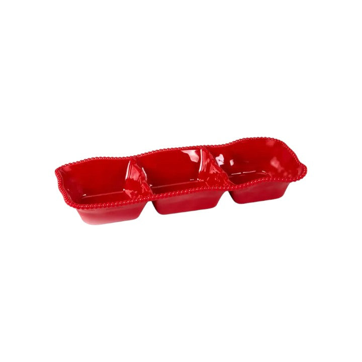 Red melamine 3 section server on a white background