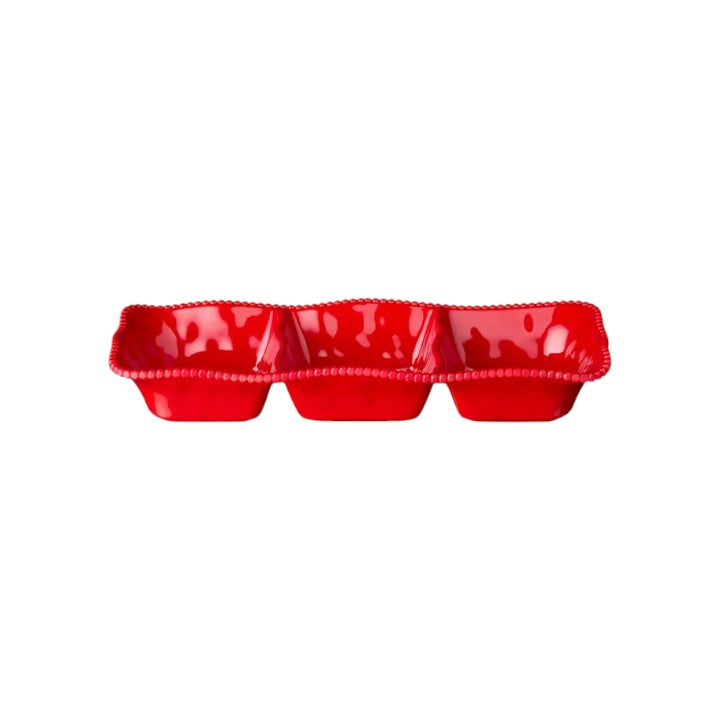 Melamine red dish with three sections on a white background