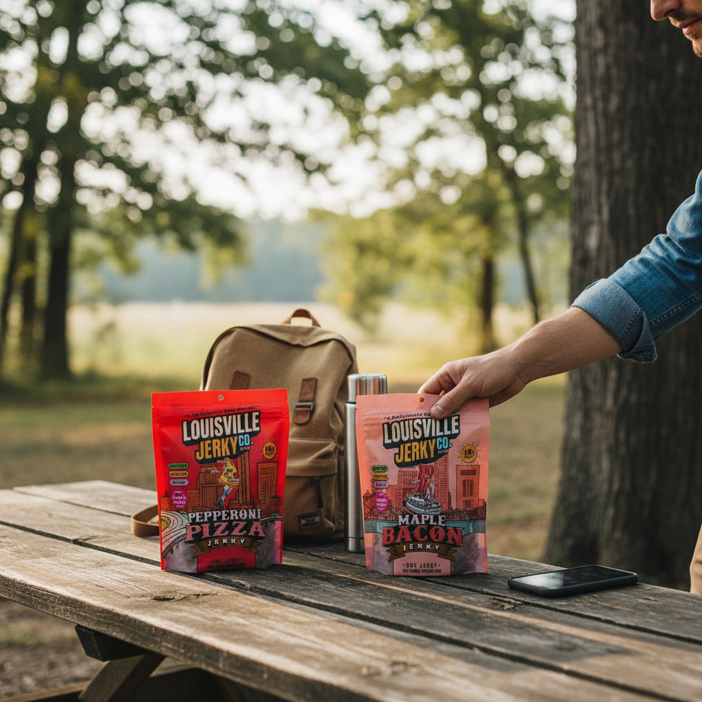 A person holding a piece of vegan jerky while on a hiking trail with a scenic background.