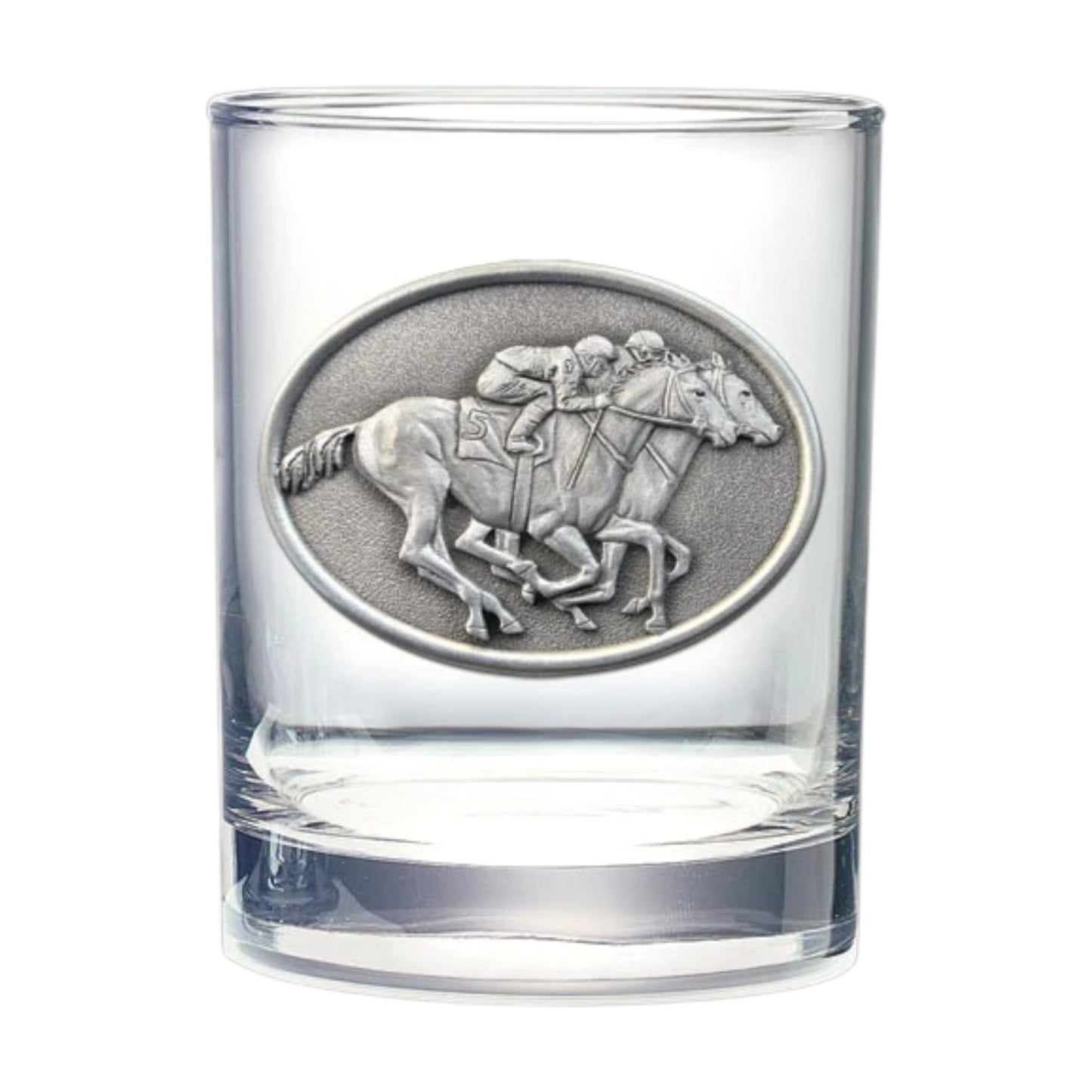 Clear glass with a silver horse and jockey emblem on a white background