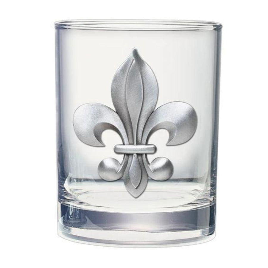 Clear glass with silver fleur-de-lis design on a white background