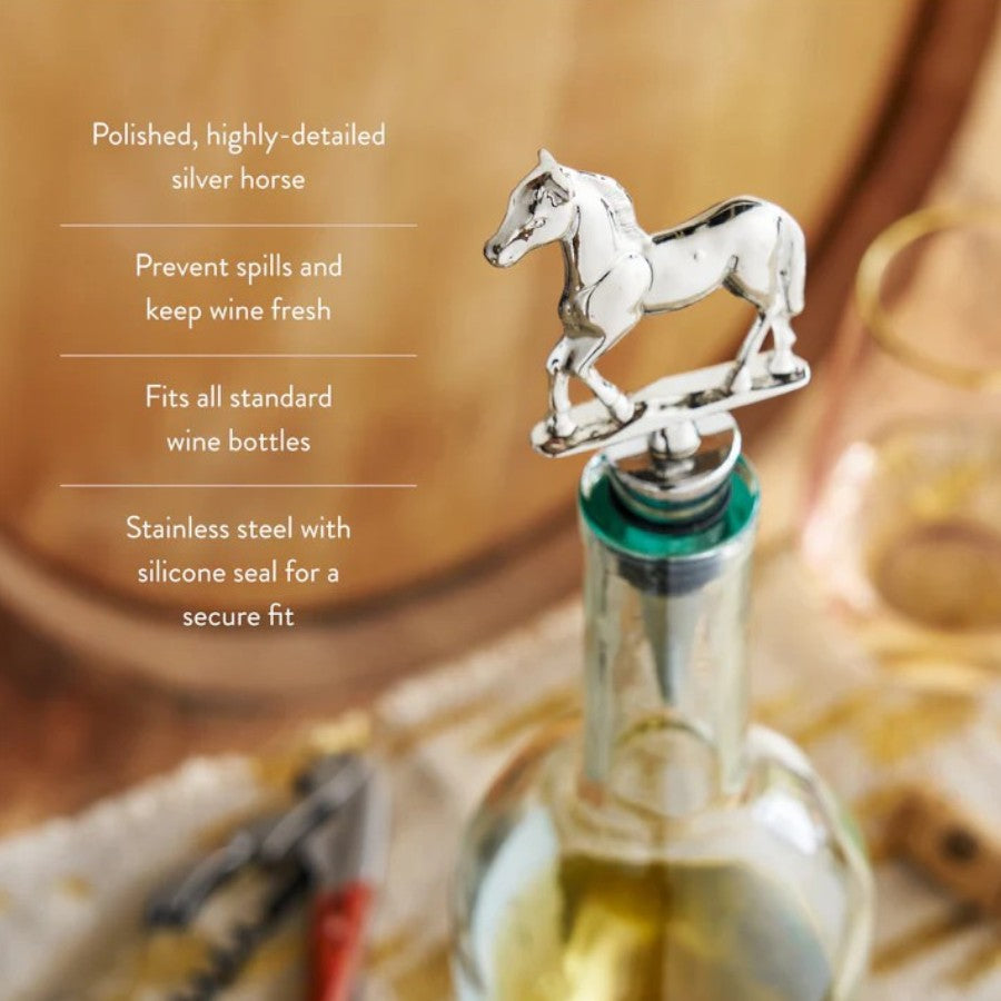 A close-up shot of the wine stopper's horse head, highlighting the dramatic and intricate craftsmanship of the pewter.