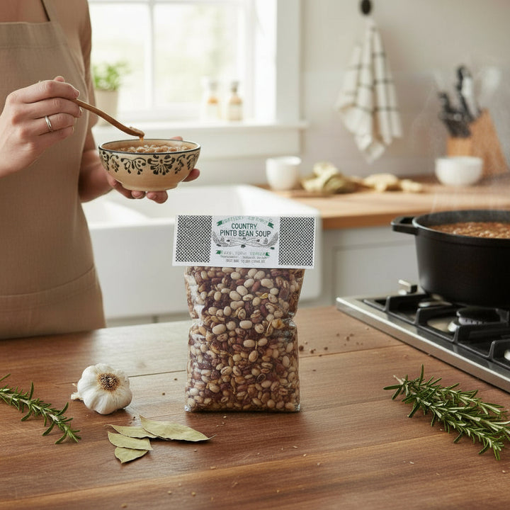 Person holding a bowl of hearty Country Pinto Bean Soup with a package of dried beans on a kitchen counter.