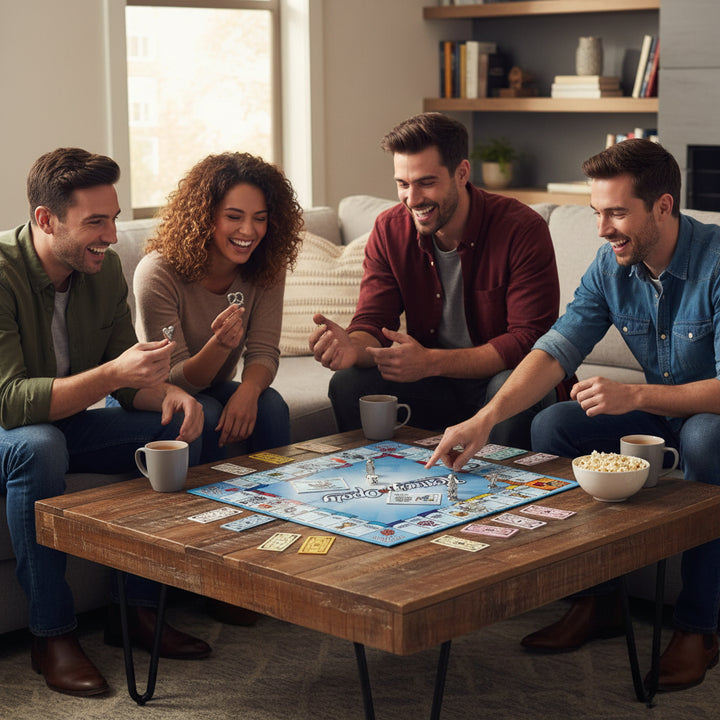 A family enjoying a game night playing Kentucky-Opoly, smiling and moving tokens across the blue board.