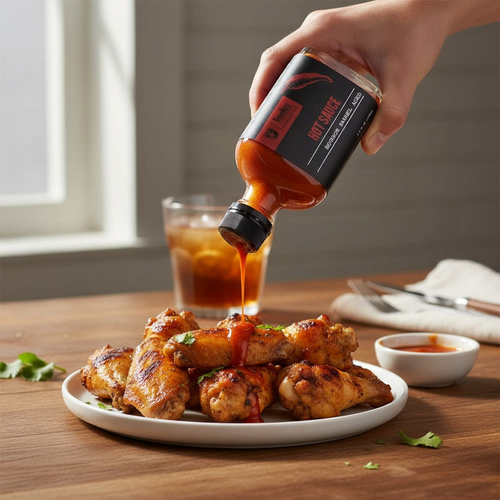 Tangy Bourbon Barrel Aged Hot Sauce being drizzled over a plate of freshly grilled chicken wings.