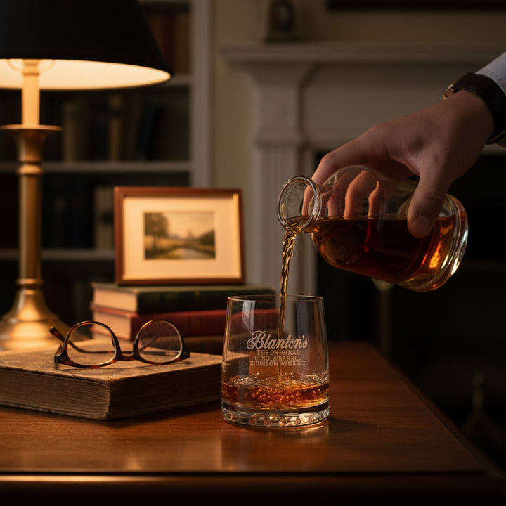 Amber bourbon being poured into the elegant Blanton's Tundra Rocks Glass in a cozy study setting.