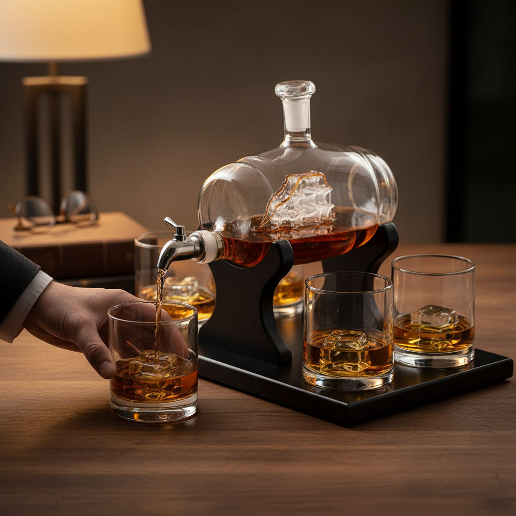 A hand pouring whiskey from the barrel decanter's spigot into a glass in a cozy, well-lit study.