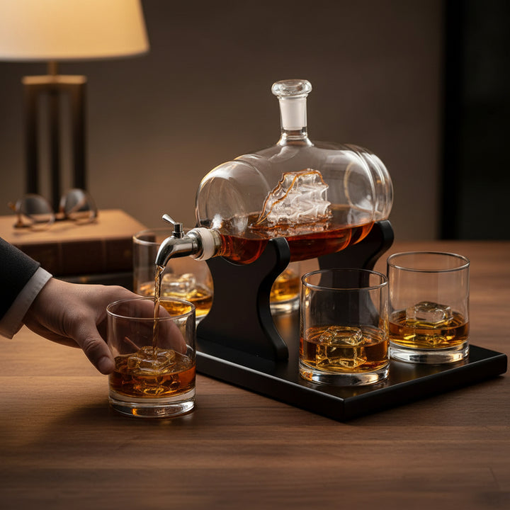 A hand pouring whiskey from the barrel decanter's spigot into a glass in a cozy, well-lit study.