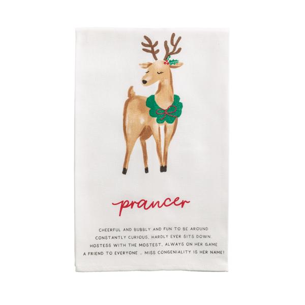 reindeer poem tea towel with a reindeer illustration and text on a white background