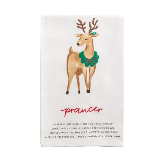 reindeer poem tea towel with a reindeer illustration and text on a white background