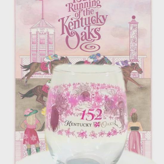 A detailed close-up showing the beautiful floral and fashion artwork on the Oaks glass.