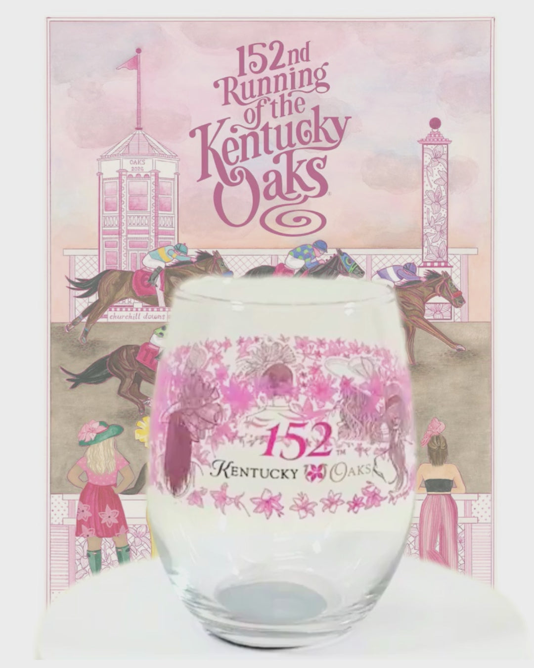 A detailed close-up showing the beautiful floral and fashion artwork on the Oaks glass.